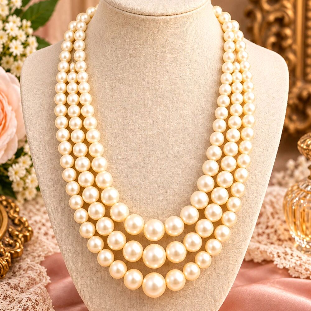 Vintage Mid Century Triple Strand Graduated Faux Pearl Necklace Retro
